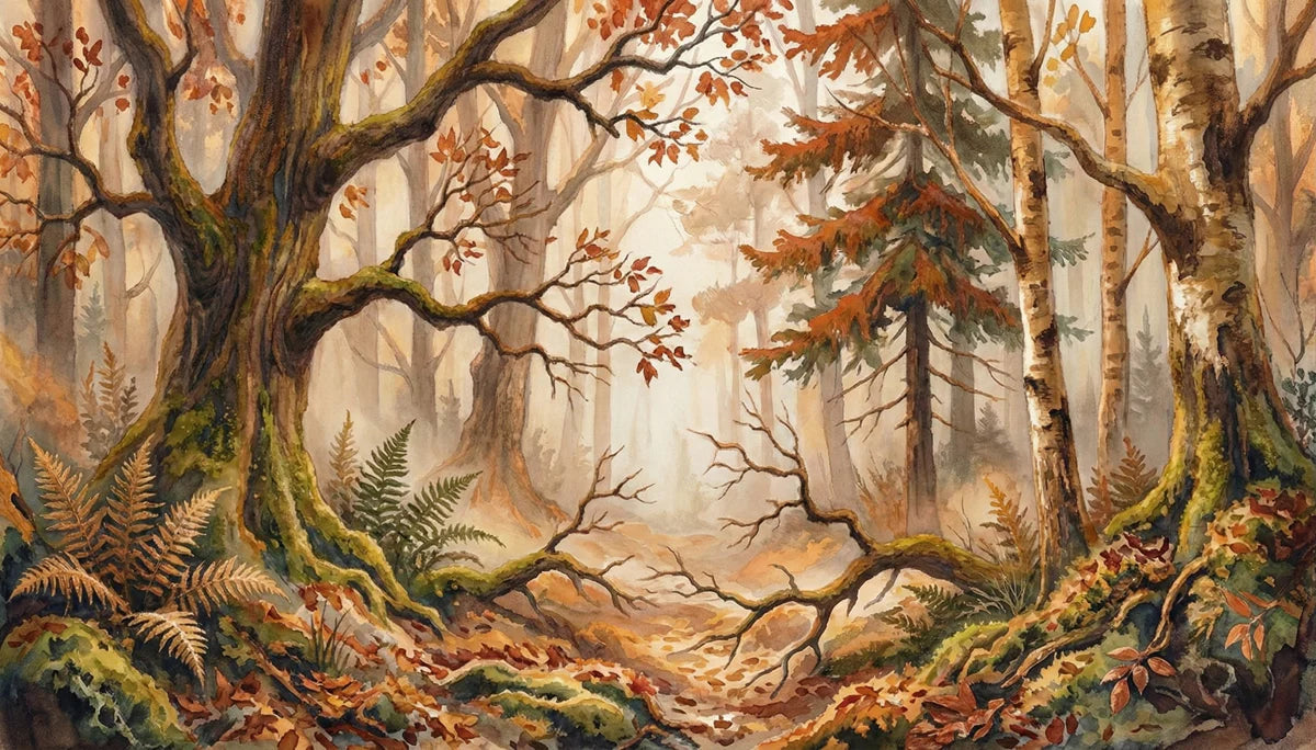 Autumn Woodland Watercolor Mural Wallpaper — Rustic Forest Landscape Mural Wallpaper - room preview 04