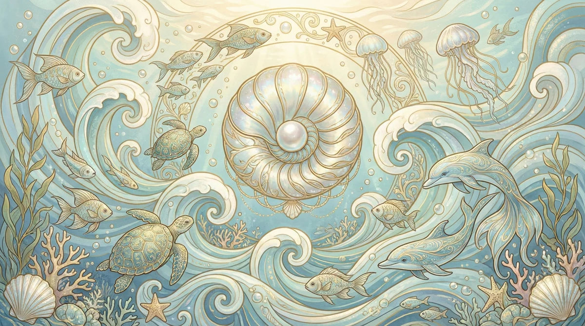 Art Nouveau Pearl & Ocean Life Mural Wallpaper — Soft Aquatic Swirls Mural Wallpaper - room preview 04