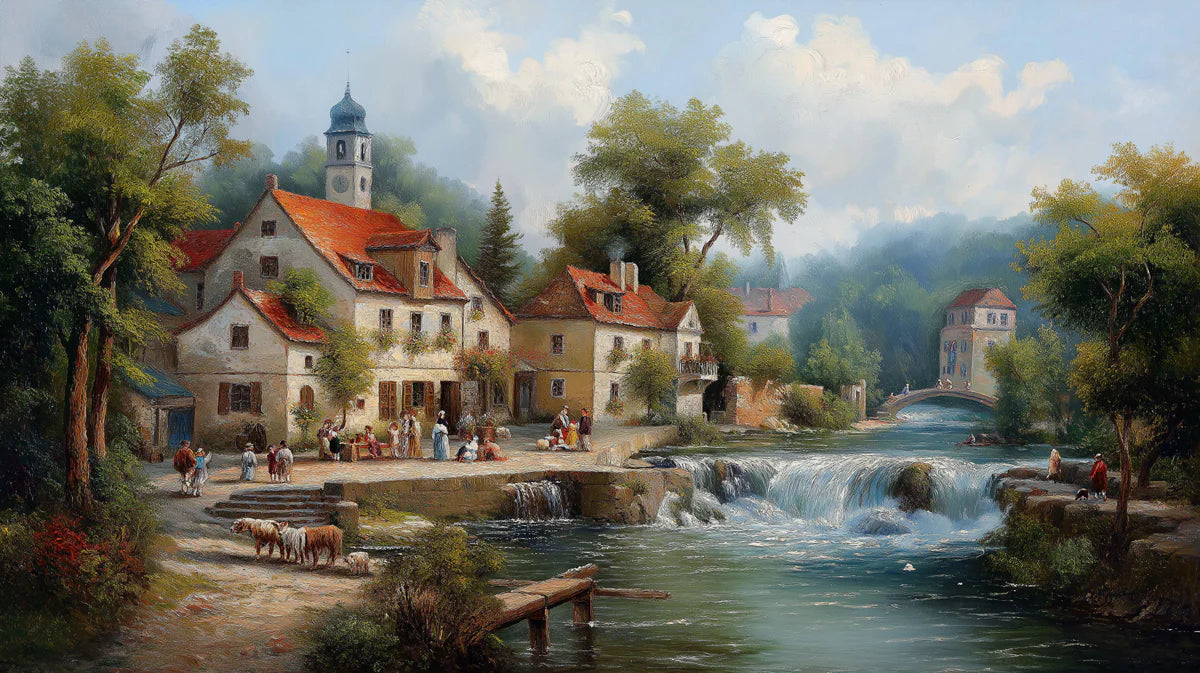 Old European Village Landscape Mural Wallpaper — Painterly Scene Mural Wallpaper - room preview 04