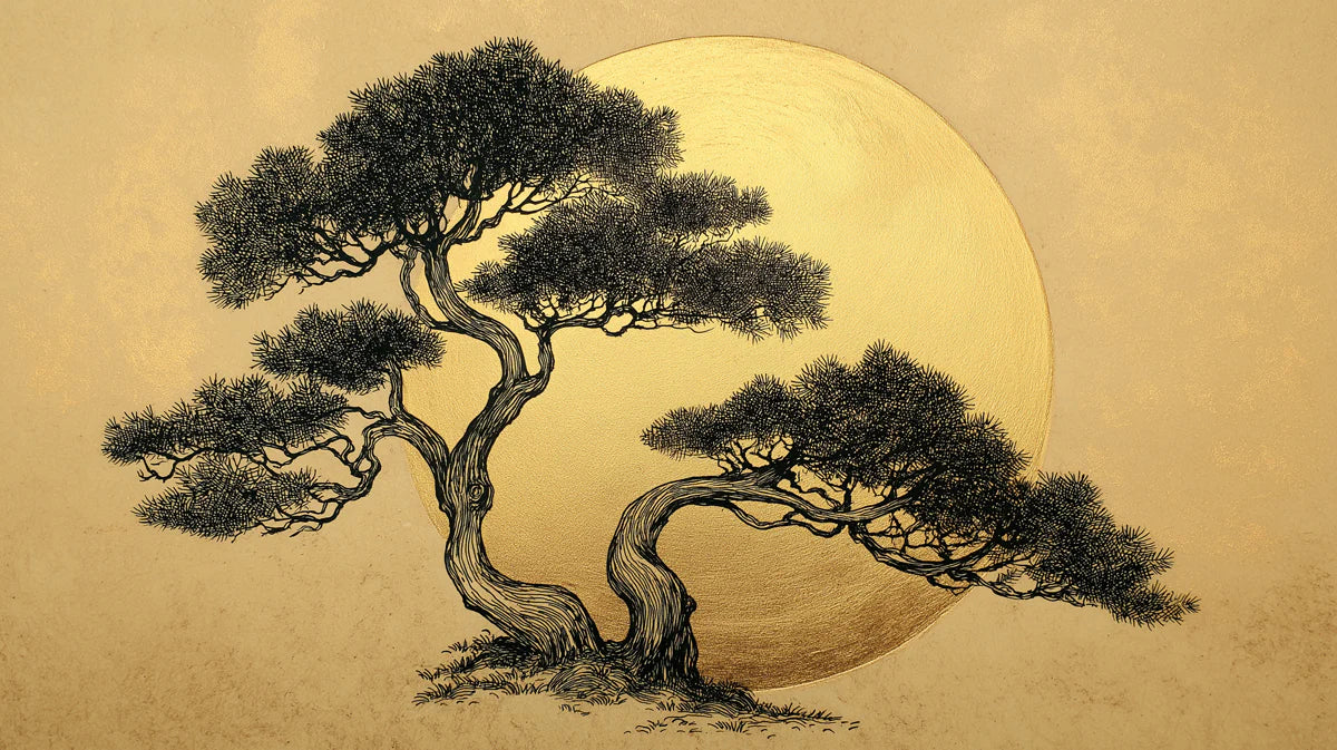 Japanese Pine Silhouette Mural Wallpaper — Golden Disk Art Mural Wallpaper - room preview 04