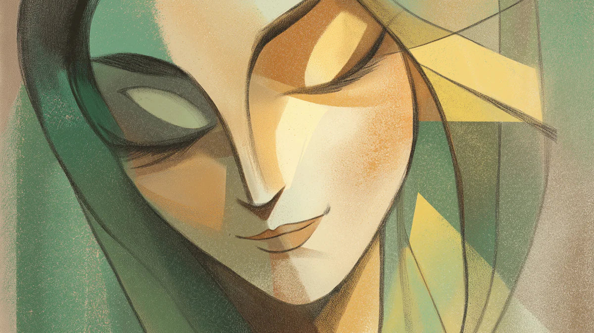 Abstract Geometric Portrait Mural Wallpaper — Soft Ochre and Green Mural Wallpaper - room preview 04