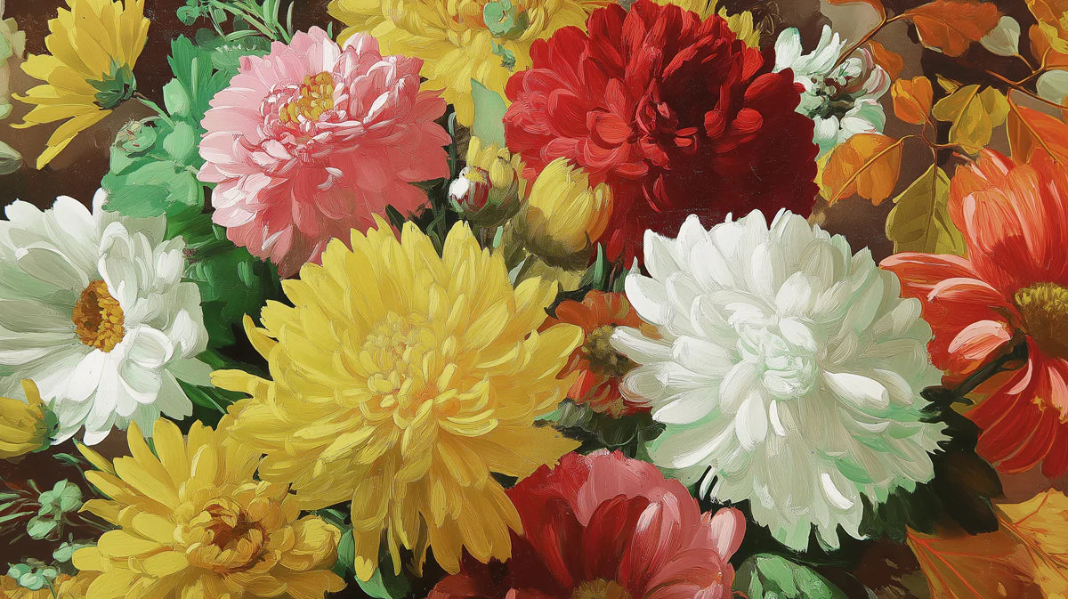 Chrysanthemum Oil Painting Mural Wallpaper — Colorful Botanical Mural Wallpaper - room preview 04