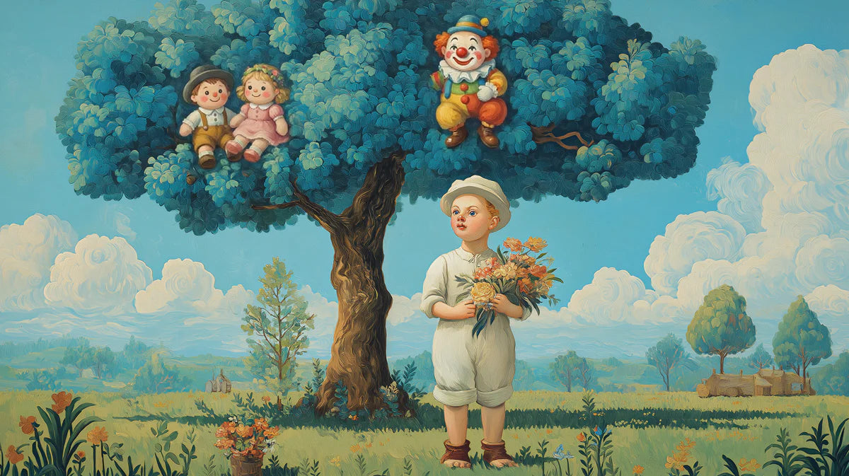 Boy and Tree Toys Mural Wallpaper — Whimsical Childhood Scene Mural Wallpaper - room preview 04