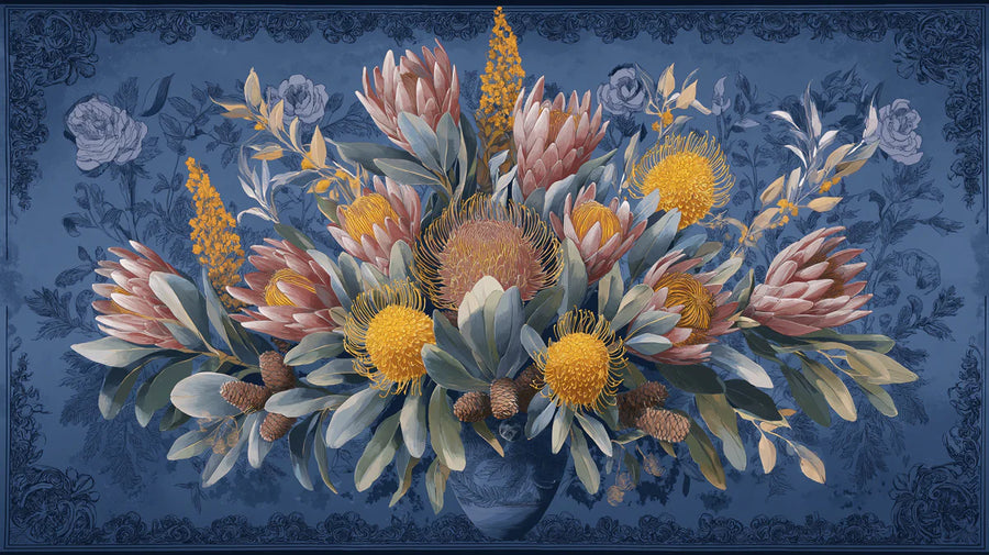 Floral Wallpaper Mural – Flower Wallpaper – Vintage Protea and Banksia Floral — Indigo Botanical printable artwork
