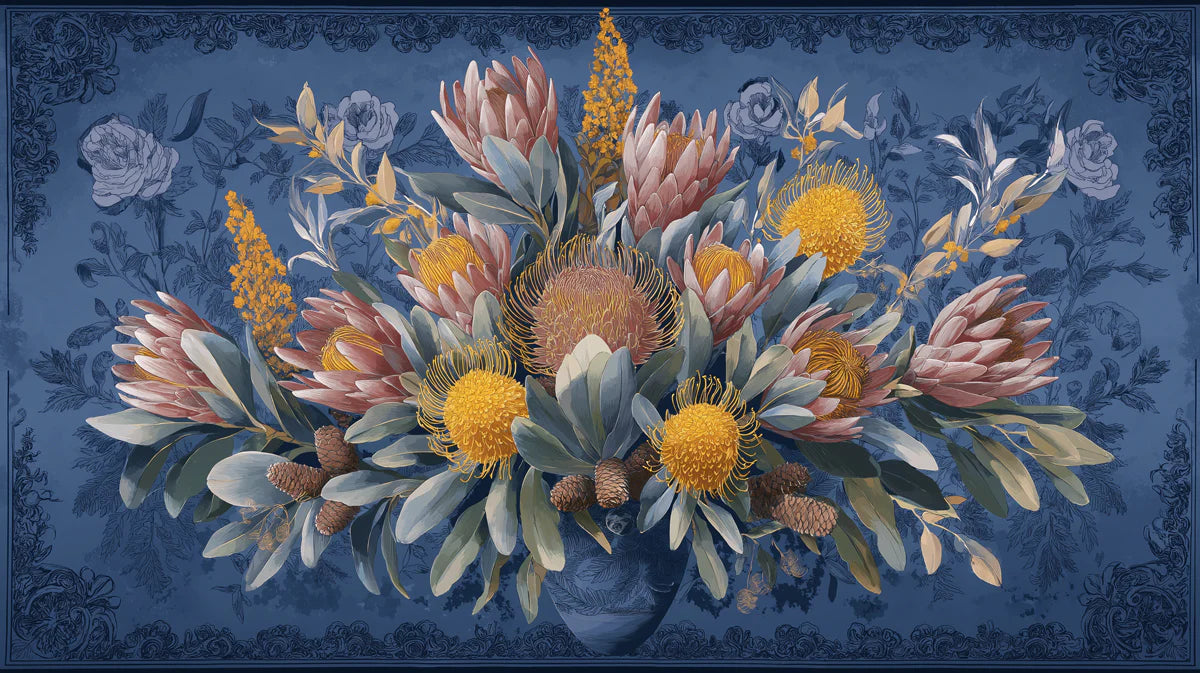 Vintage Protea and Banksia Floral Mural Wallpaper — Indigo Botanical Mural Wallpaper - room preview 04