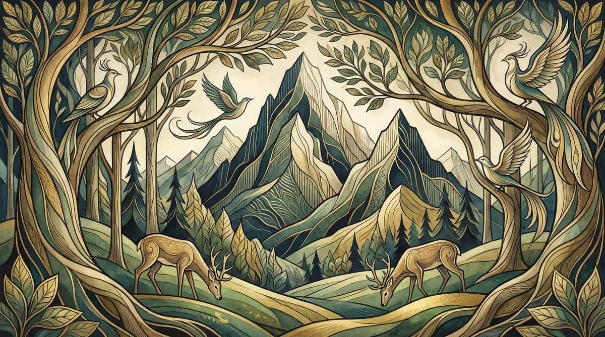 Art Nouveau Mountain and Forest Mural Wallpaper - room preview 04