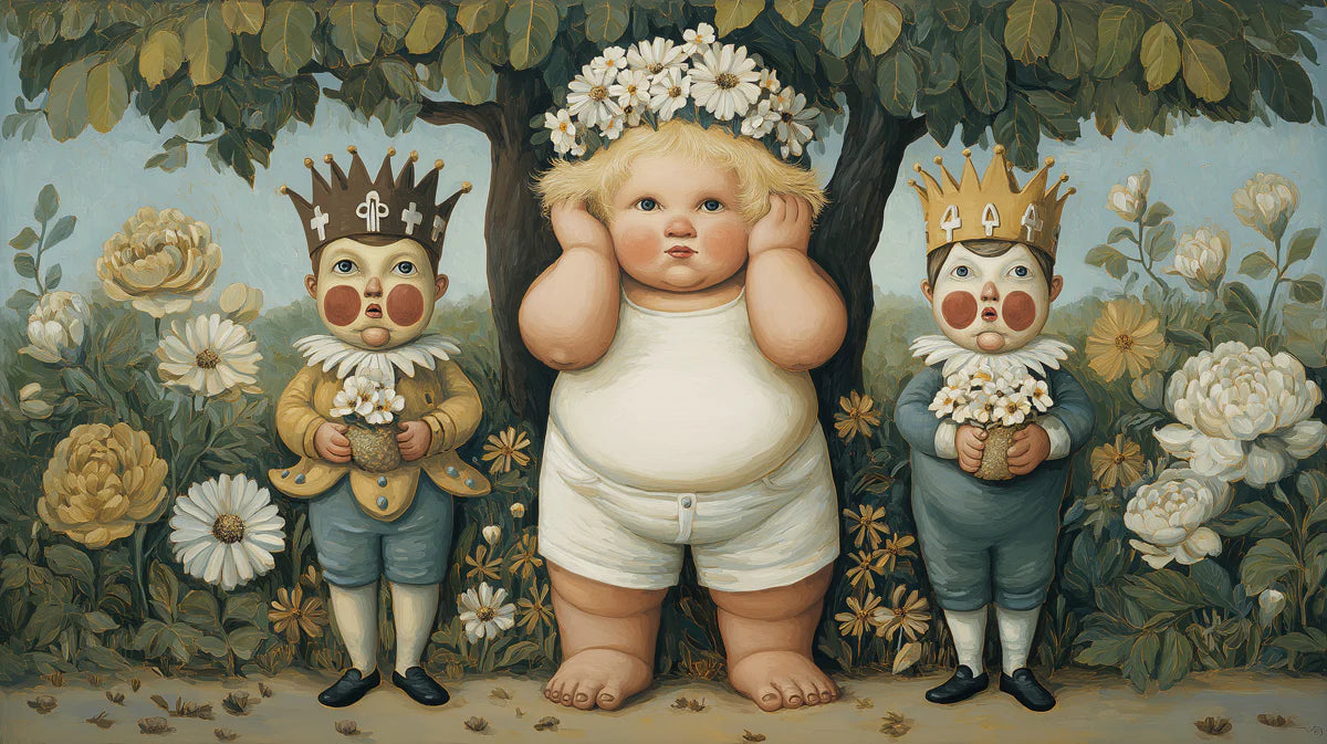 Royal Children Folk Art Mural Wallpaper — Whimsical Garden Scene Mural Wallpaper - room preview 04