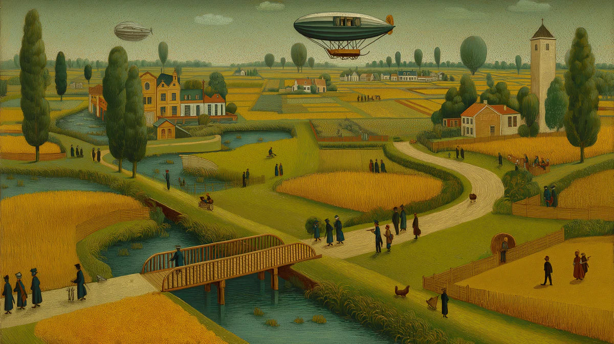 Golden Pastoral Airship Mural Wallpaper — Vintage Folk Art Landscape Mural Wallpaper - room preview 04