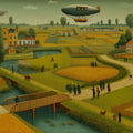 Golden Pastoral Airship Mural Wallpaper — Vintage Folk Art Landscape Mural Wallpaper - room preview 04