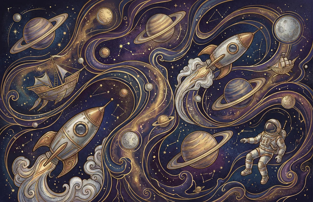 Vintage Cosmic Journey Mural Wallpaper — Celestial Exploration Art Mural Wallpaper - room preview 04