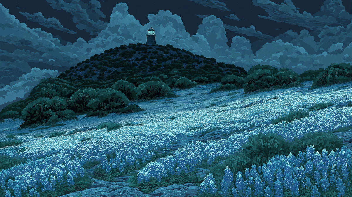 Midnight Lighthouse and Floral Field Mural Wallpaper - room preview 04