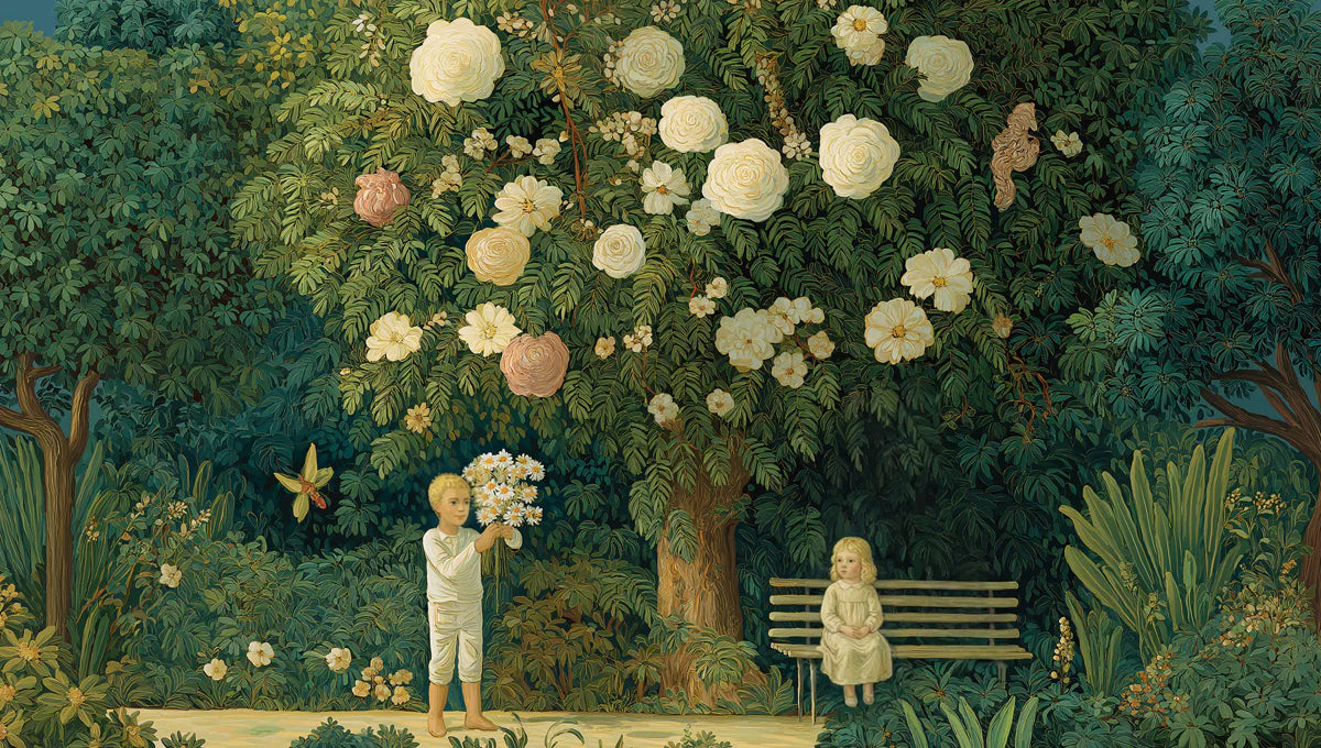 Vintage Storybook Garden Mural Wallpaper — Whimsical Floral Scene Mural Wallpaper - room preview 04