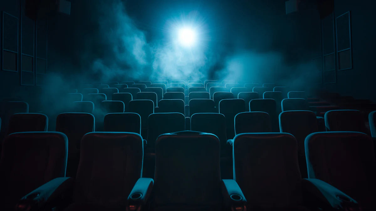 Cinematic Spotlight Theater Wallpaper Dark Moody Cinema Room Mural Empty Movie Seats Wall Art Mural Wallpaper - room preview 04