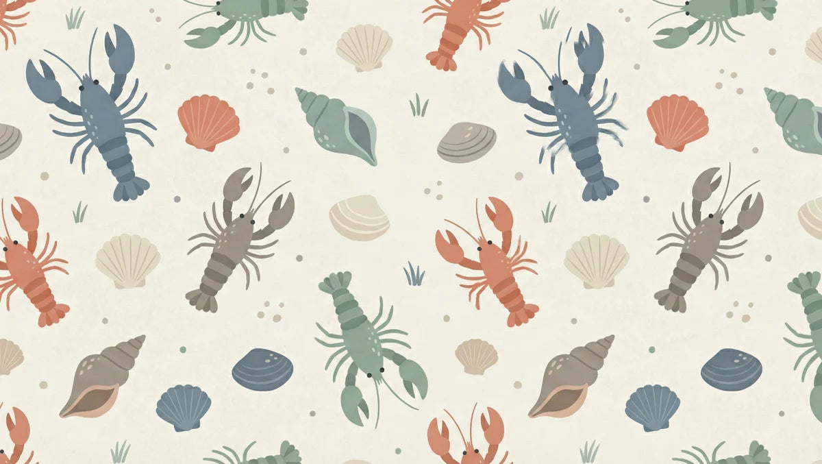 Coastal Lobster and Shell Mural Wallpaper —Playful Beach Decor Mural Wallpaper - room preview 04