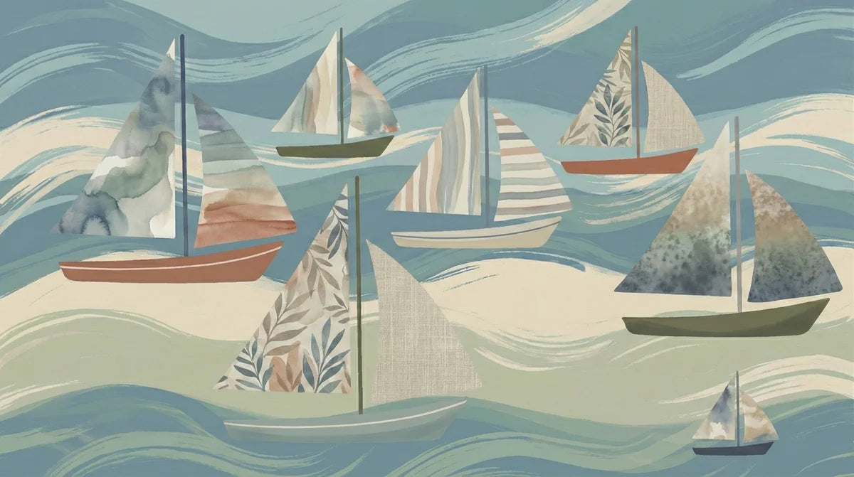 Watercolor Sailboat Mural Wallpaper — Artistic Coastal Design Mural Wallpaper - room preview 04