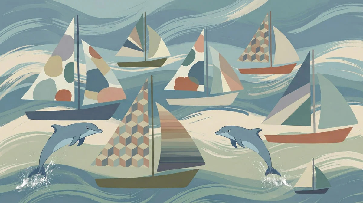 Dolphin and Sailboat Mural Wallpaper — Whimsical Coastal Art Mural Wallpaper - room preview 04