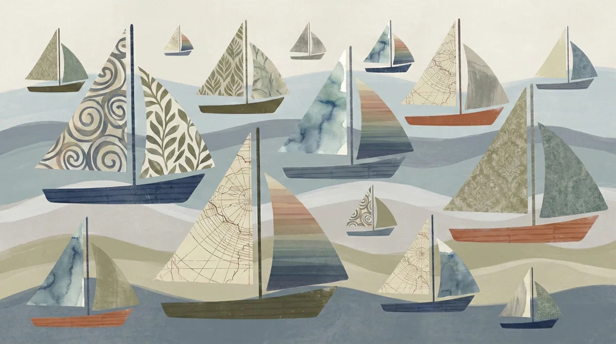 Sailboat Fleet Mural Wallpaper — Watercolor Nautical Sea Pattern Mural Wallpaper - room preview 04
