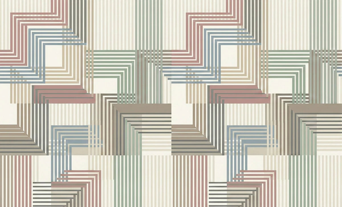 Bauhaus Linear Geometric Mural Wallpaper — Muted Retro Palette Mural Wallpaper - room preview 04