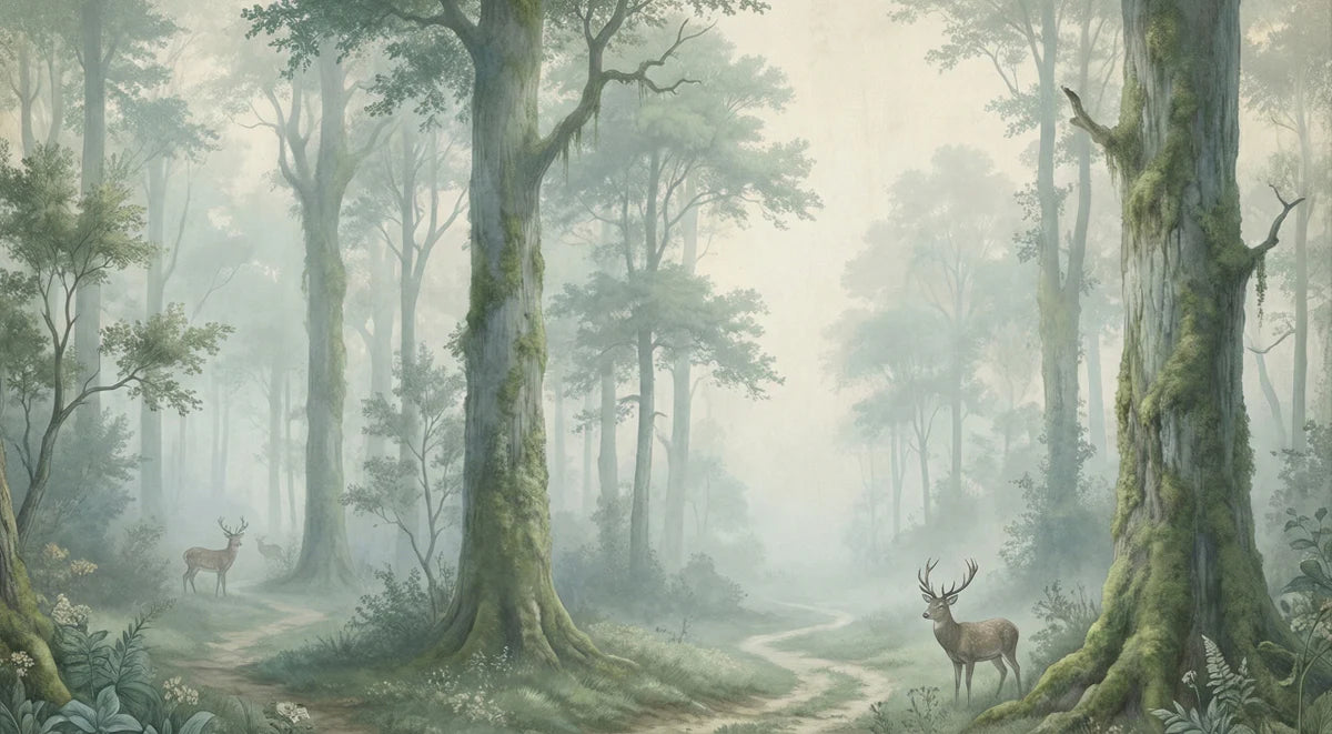 Misty Woodland Deer Mural Wallpaper — Atmospheric Nature Scene Mural Wallpaper - room preview 04