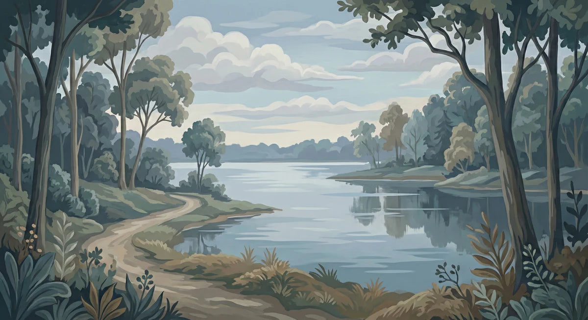 Misty Lakeside Path Mural Wallpaper — Impressionist Nature Scene Mural Wallpaper - room preview 04