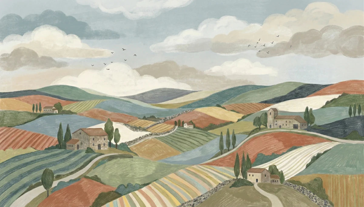Tuscan Hillside Mural Wallpaper — Painterly Countryside Landscape Mural Wallpaper - room preview 04
