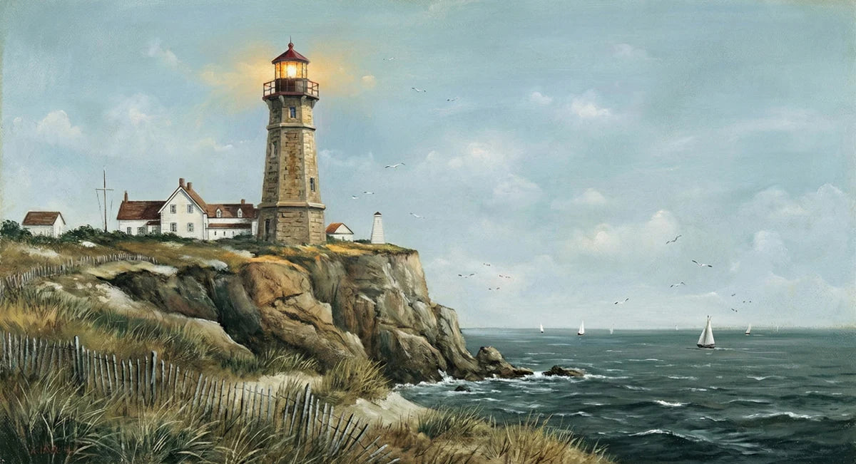Coastal Lighthouse Mural Wallpaper — Vintage Seaside Cliff Landscape Mural Wallpaper - room preview 04