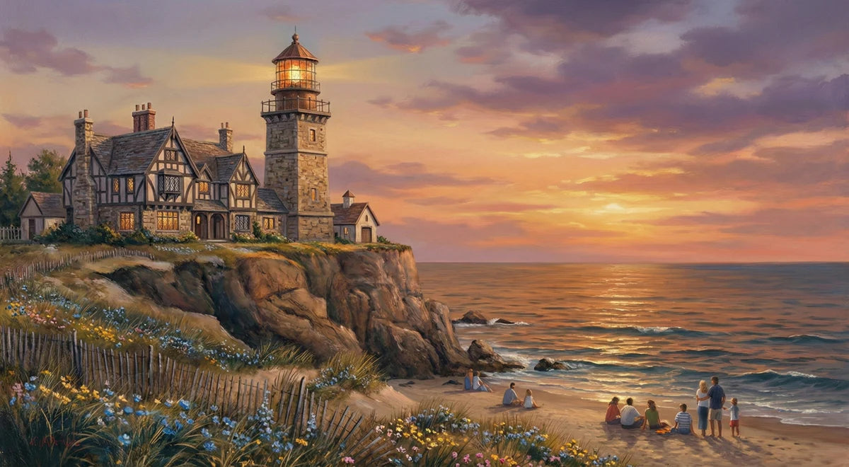 Coastal Lighthouse Cottage Mural Wallpaper — Warm Sunset Seascape Mural Wallpaper - room preview 04