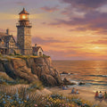 Coastal Lighthouse Cottage Mural Wallpaper — Warm Sunset Seascape Mural Wallpaper - room preview 04