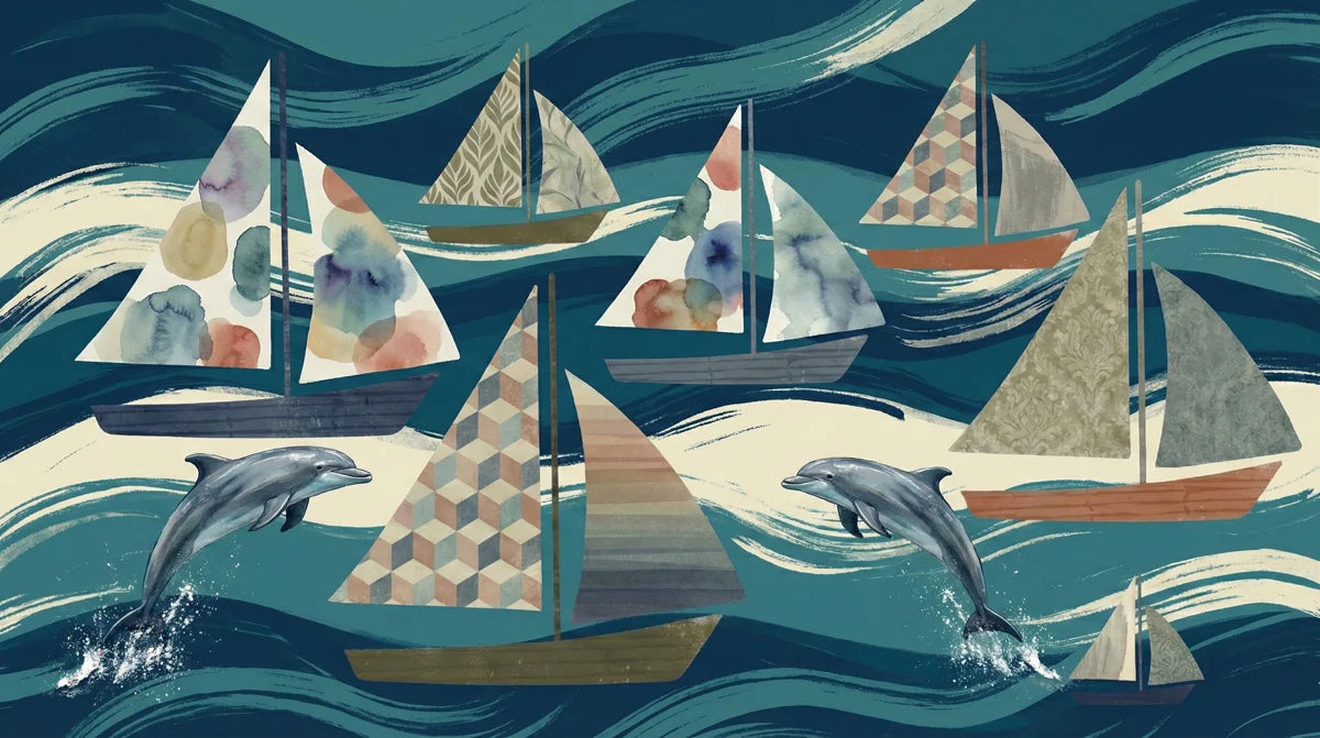 Sailboat and Dolphin Nautical Mural Wallpaper — Whimsical Coastal Art Mural Wallpaper - room preview 04