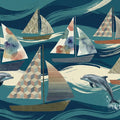 Sailboat and Dolphin Nautical Mural Wallpaper — Whimsical Coastal Art Mural Wallpaper - room preview 04