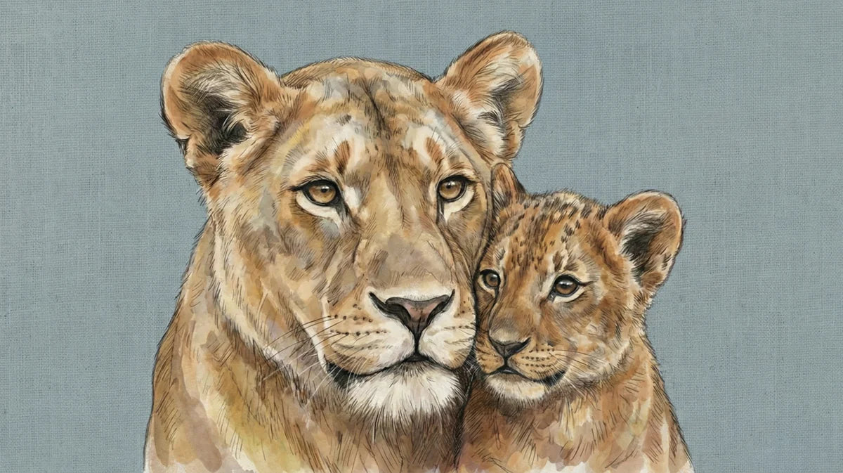 Lioness and Cub Mural Wallpaper — Gentle Wildlife Illustration Mural Wallpaper - room preview 04