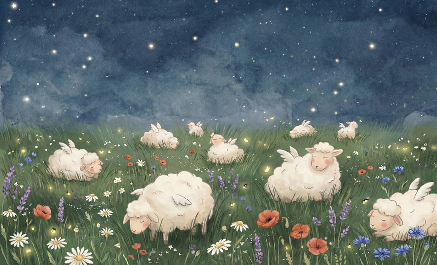 Woodland Nursery Wallpaper Mural – Baby Animals Wall Mural – Winged Sheep Meadow — Whimsical Night Sky Pattern printable artwork