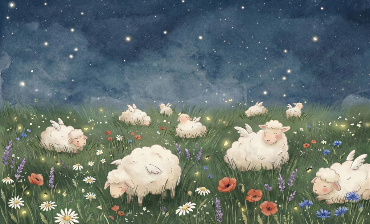 Winged Sheep Meadow Mural Wallpaper — Whimsical Night Sky Pattern Mural Wallpaper - room preview 04
