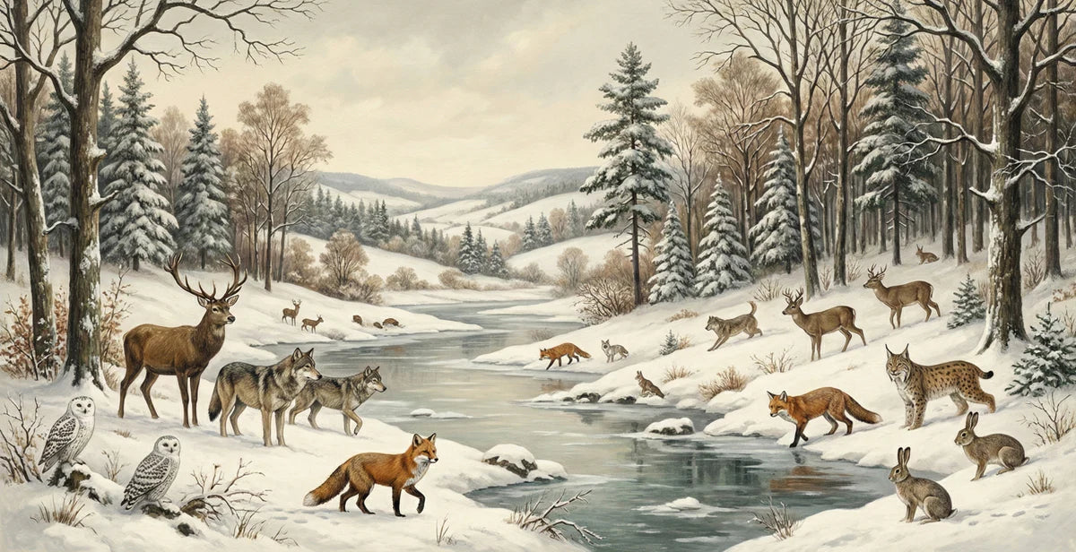 Snowy Wildlife Forest Mural Wallpaper —Winter Cabin Illustration Mural Wallpaper - room preview 04