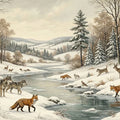 Snowy Wildlife Forest Mural Wallpaper —Winter Cabin Illustration Mural Wallpaper - room preview 04