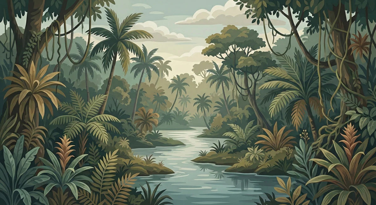 Vintage Tropical River Mural Wallpaper — Muted Botanical Landscape Mural Wallpaper - room preview 04
