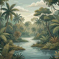Vintage Tropical River Mural Wallpaper — Muted Botanical Landscape Mural Wallpaper - room preview 04