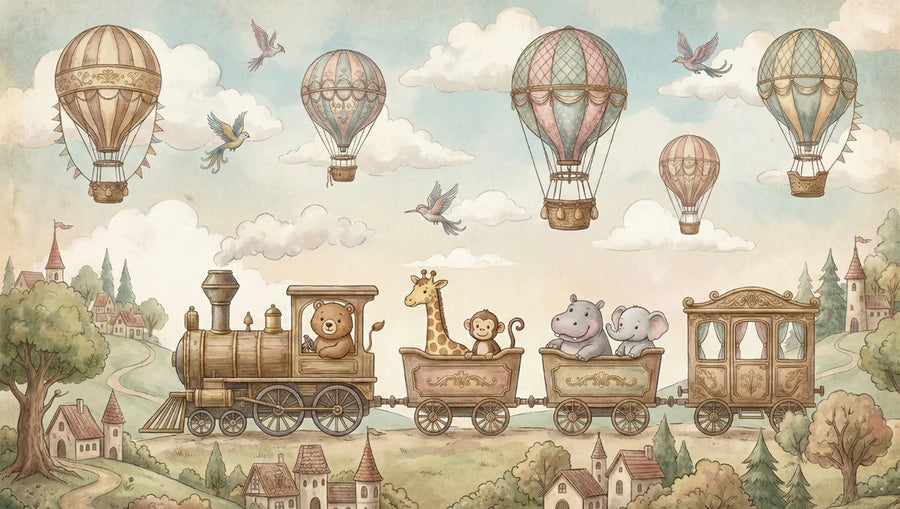 Baby Animals Wallpaper Mural – Cute Animals Wall Mural – Storybook Animal Train — Whimsical Adventure Scene printable artwork