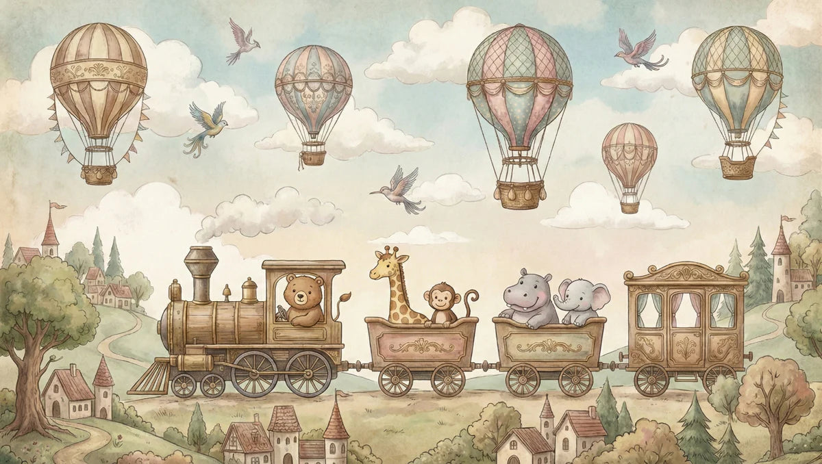 Storybook Animal Train Mural Wallpaper — Whimsical Adventure Scene Mural Wallpaper - room preview 04