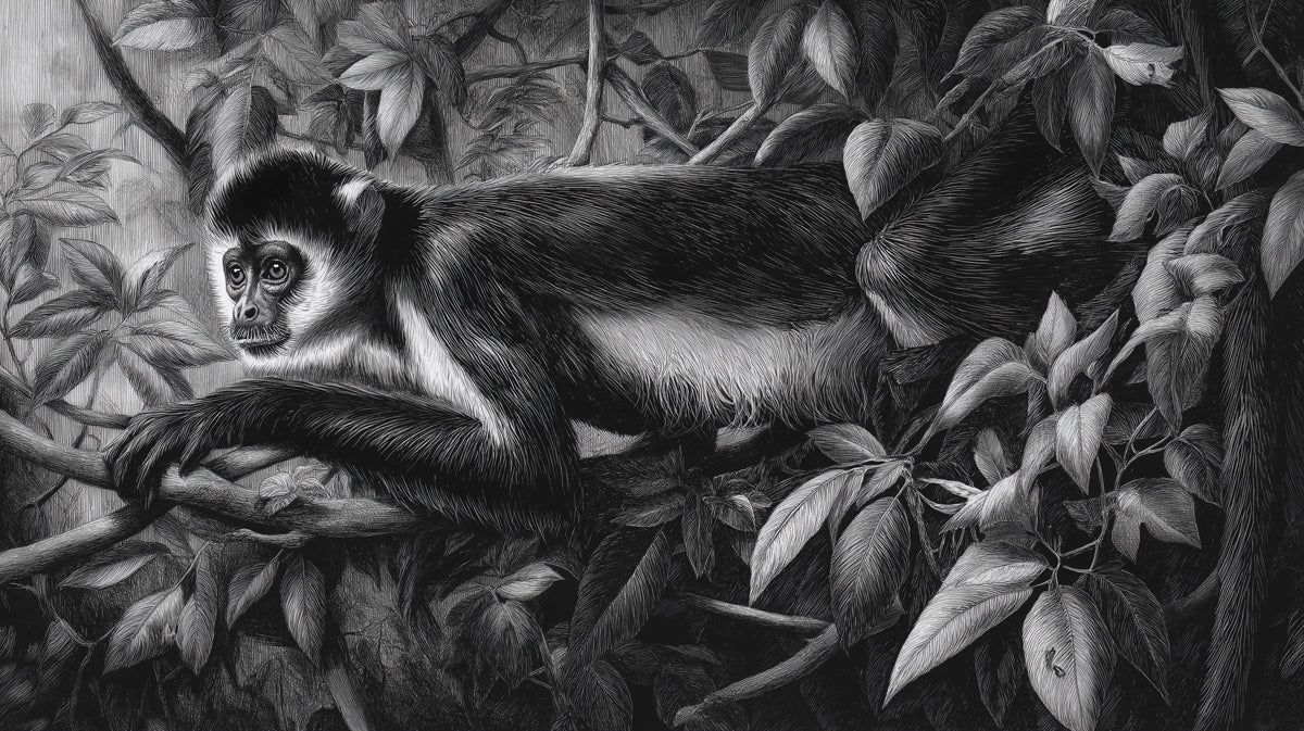 Colobus Monkey Jungle Mural Wallpaper — Monochrome Etching Design Mural Wallpaper - room preview 04