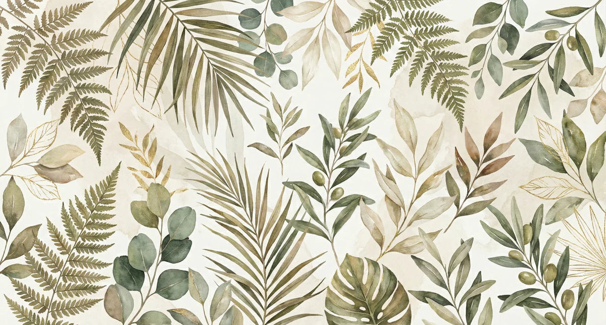 Botanical Watercolor Leaf Mural Wallpaper with Gold Accents Mural Wallpaper - room preview 04