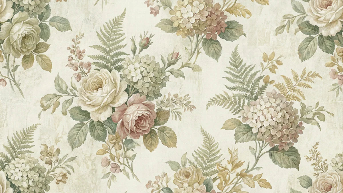 Victorian Botanical Rose and Hydrangea Mural Wallpaper - room preview 04