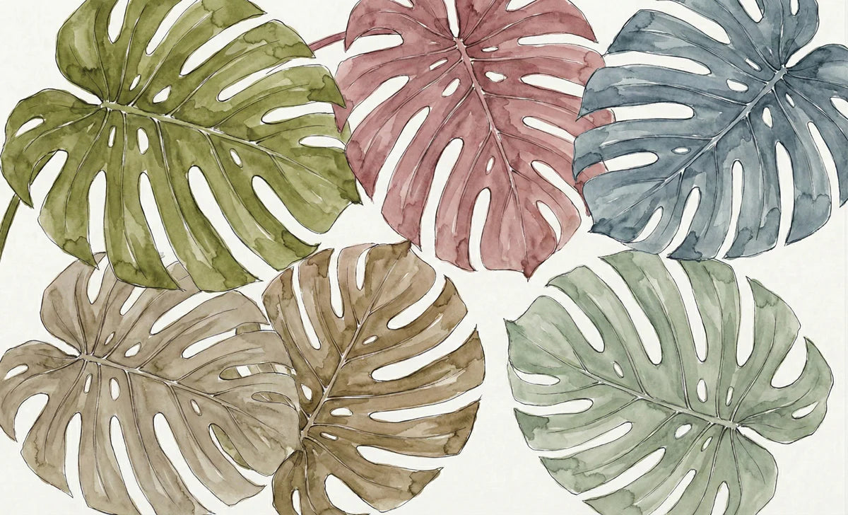 Watercolor Monstera Leaf Mural Wallpaper — Organic Tropical Design Mural Wallpaper - room preview 04