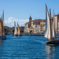 Mediterranean Harbor Sailboat Wallpaper Sunny Coastal Town Mural French Riviera Nautical Decor Mural Wallpaper - room preview 04