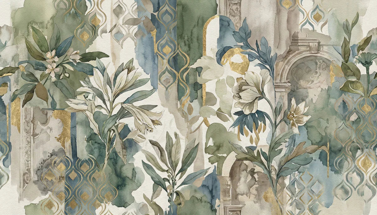 Watercolor Archway & Floral Mural Wallpaper — Sage and Gold Mural Wallpaper - room preview 04