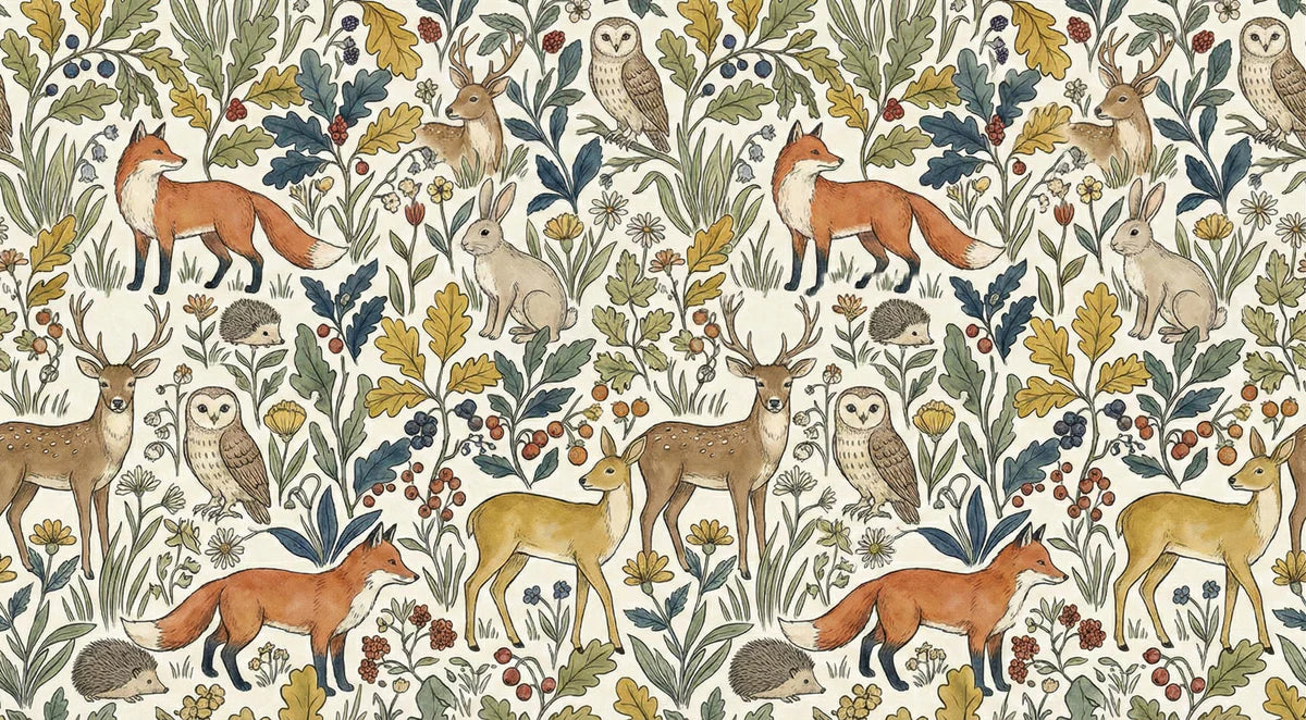 Woodland Animal Mural Wallpaper —Hand-Drawn Forest Nature Design Mural Wallpaper - room preview 04
