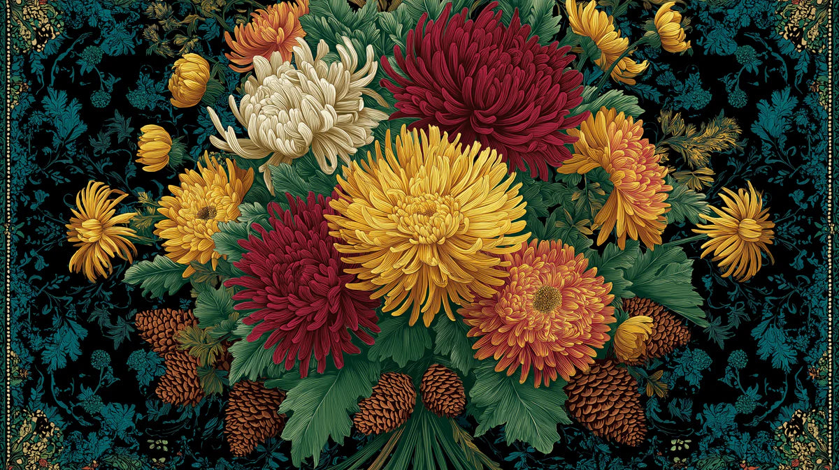 Victorian Chrysanthemum Mural Wallpaper — Moody Floral Heritage Mural Wallpaper - room preview 04