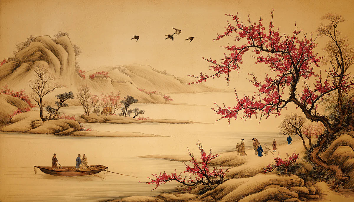 Traditional Chinese Landscape Mural Wallpaper with Red Plum Blossoms Mural Wallpaper - room preview 04