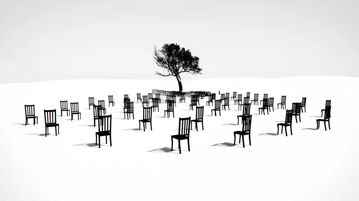 Surreal Chairs and Solitary Tree Mural Wallpaper — Modern Minimalist Mural Wallpaper - room preview 04