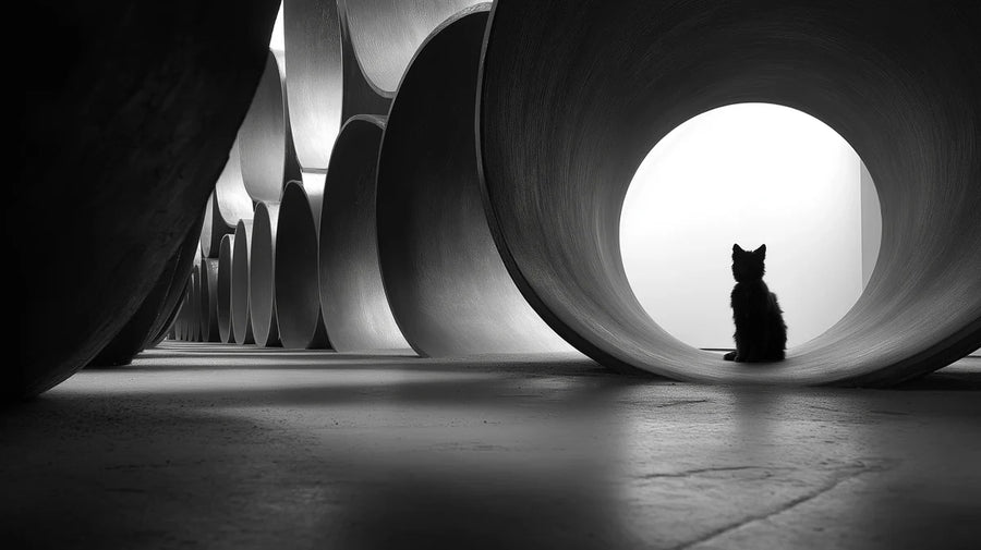 Abstract Wallpaper Mural – Modern Art Wall Mural – Cat Silhouette and Industrial Pipes Mural — Minimalist Monochrome printable artwork